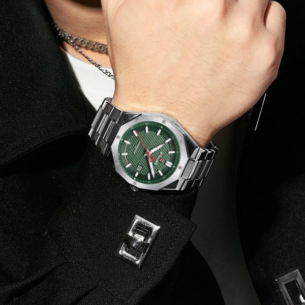 NAVIFORCE NF9200 Men's Quartz Polygon Vogue Stainless Steel Date Function Watch - Green/Silver - Image 2