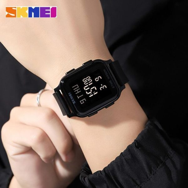 SKMEI 1858 Fashion LED Light Digital Rectangle Shape Complete Calendar Wristwatch For Men - Black - Image 2