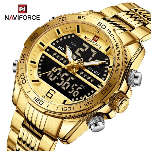 NAVIFORCE NF9195 Men's Dual Display Stainless Steel Day Date Watch - Golden