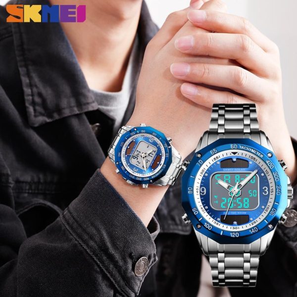 SKMEI 1493 Luxury Men Quartz Dual Time Display Waterproof Stainless Steel Watch - Silver/Blue - Image 2