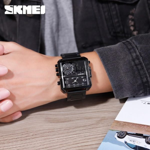 SKMEI 1584 Men's Multifunction Square Dial Digital Analog LED Chronograph Stainless Steel Wristwatch - Black - Image 2