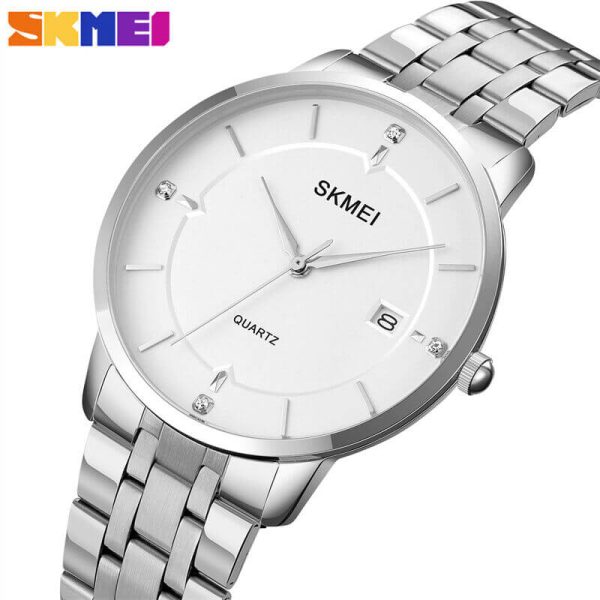 SKMEI 1801 Men's Business Calendar Stainless Steel Classic Diamond Quartz Watch - Silver