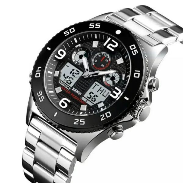 SKMEI 1538 Men Wristwatch Quartz Dual Display Casual 3 Time Multifunction Waterproof Stopwatch - Silver