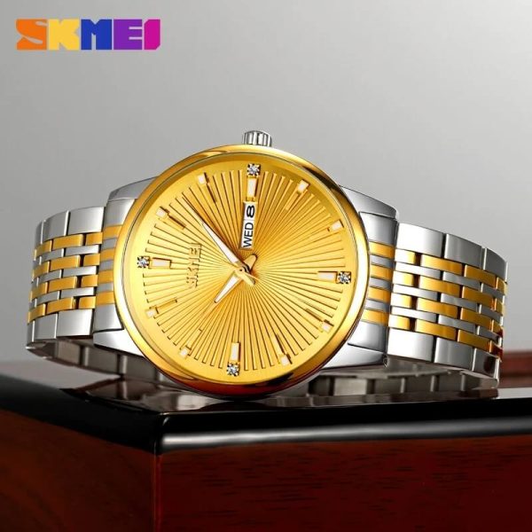 SKMEI 9323 Men's Texture With Fashion Day Date Display Quartz Stainless Steel Watch - Golden/Silver - Image 4