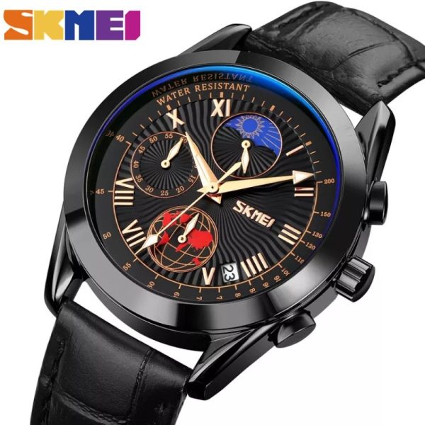 SKMEI 9236 Creative Moonphase Multifunction Date Display Leather Strap Watch For Men - Black