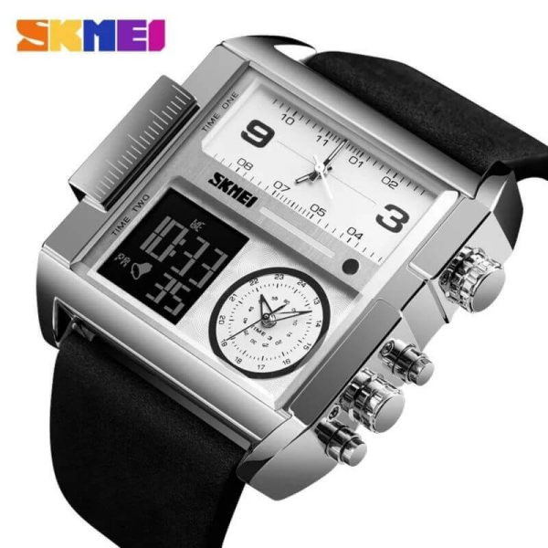 SKMEI 1584 Men's Multifunction Square Dial Digital Analog LED Chronograph Leather Strap Wristwatch - Silver/Black