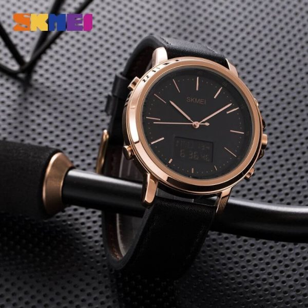 Skmei 1652 Men's Casual Dual Movement LED Light Display Leather Strap Wristwatch - Black/RoseGold - Image 3