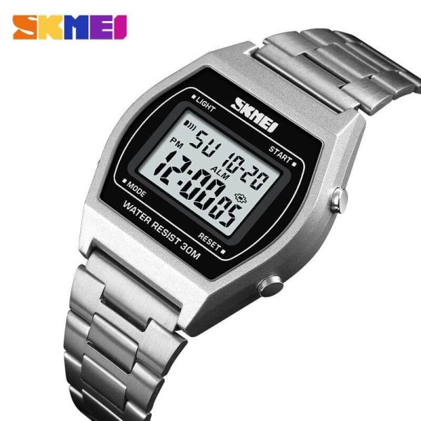 SKMEI 1328 Fashion Classic Unisex Count Down Waterproof Stainless Steel Digital LCD Alarm Clock Hours Watch - Silver