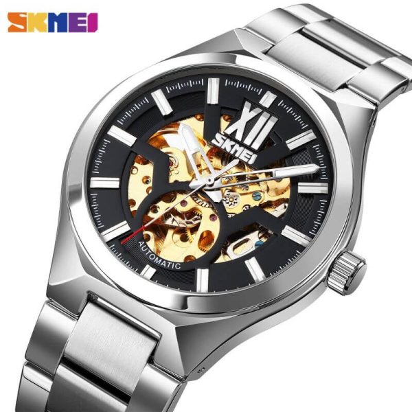 Skmei 9258 Fashion Mechanical Hollow Dial Luxury Stainless Steel Automatic Luminous Watch - Silver