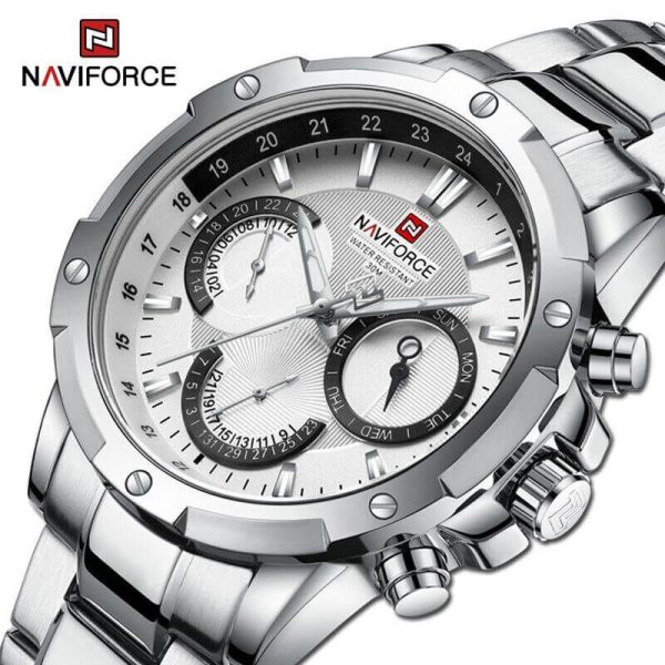 NAVIFORCE NF9196 Men's Quartz Stainless Steel Chronograph Complete Calendar Wristwatch - Silver