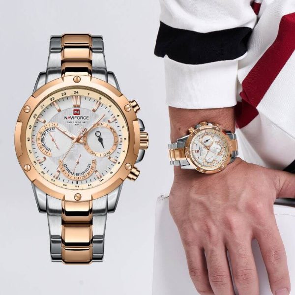 NAVIFORCE NF9196 Men's Quartz Stainless Steel Chronograph Complete Calendar Wristwatch - White/Rosegold - Image 2