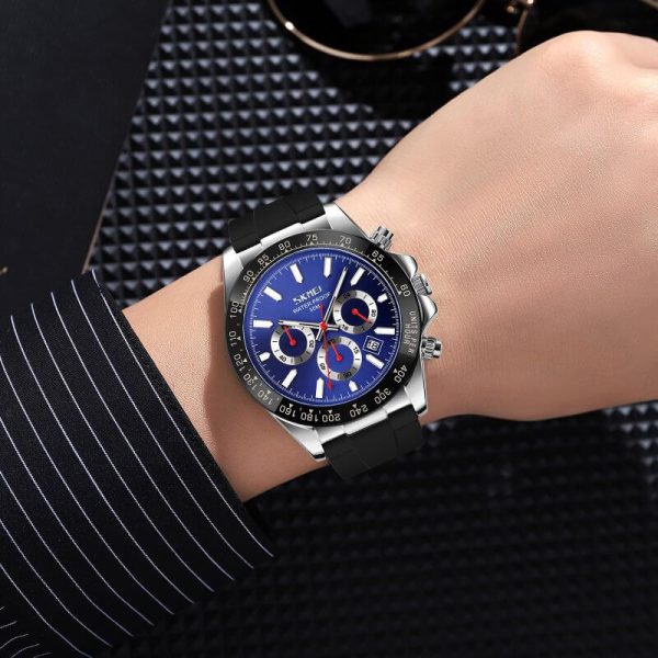 SKMEI 9275 Men's Business Chronograph Date Display Silicon Strap Quartz Watch - Silver/Blue - Image 2