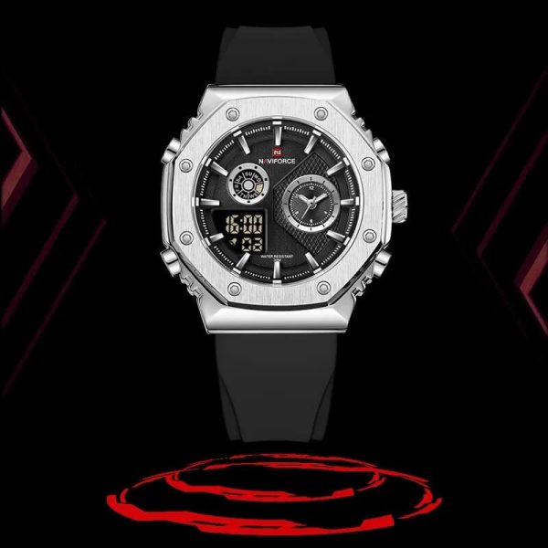 NaviForce NF9216T Men's Dynamic Dual Display Polygonal Bezel Luminous Silicone Strap Watch - Silver/Black - Image 2