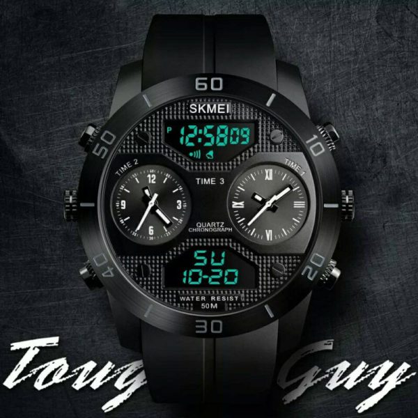 SKMEI 1355  Men's Chronograph Multifunction 3Time Display Analog Digital PU Strap Watch - Black - Image 3