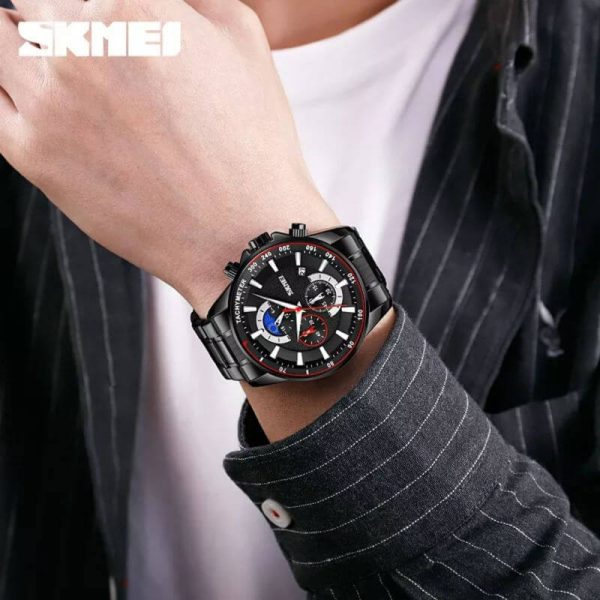 SKMEI 9250 Men's Multifunction Moonphase Creative Design Chronograph Date Display Stainless Steel Watch - Black - Image 2