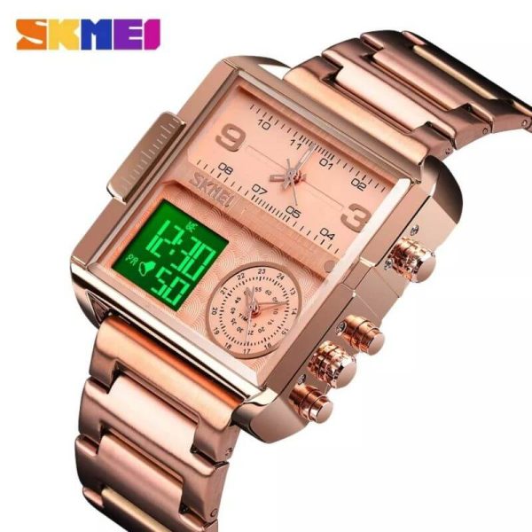 SKMEI 1584 Men's Multifunction Square Dial Digital Analog LED Chronograph Stainless Steel Wristwatch - RoseGold