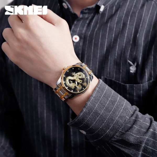 SKMEI 9193 Dragon Quartz Luxury Stainless Steel Alloy Business Waterproof Wristwatches For Men - Black/Multicolor - Image 2