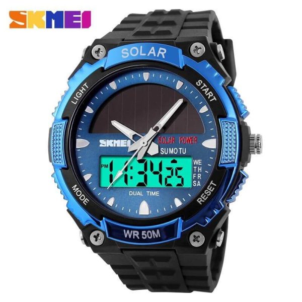 SKMEI 1049 Solar Powered Multifunction Dual Time Waterproof Digital Watch For Men - Black/Blue