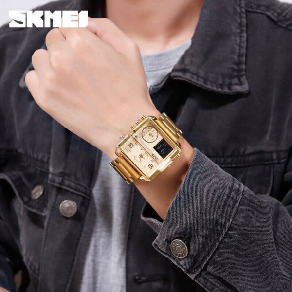 SKMEI 1584 Men's Multifunction Square Dial Digital Analog LED Chronograph Stainless Steel Wristwatch - Golden - Image 2