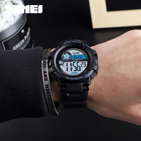 SKMEI 1387 Digital Electronic Outdoor Sport 3 Time Display Alarm 5ATM Waterproof Luminous Watch For Men - Black - Image 3