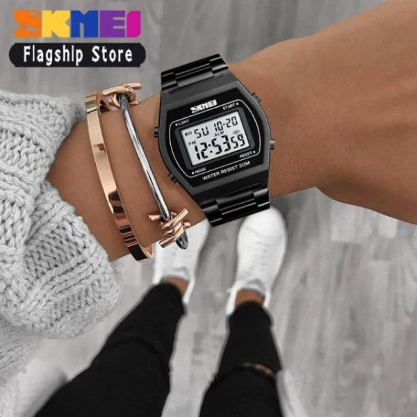 SKMEI 1328 Fashion Classic Unisex Count Down Waterproof Stainless Steel Digital LCD Alarm Clock Hours Watch - Black - Image 2