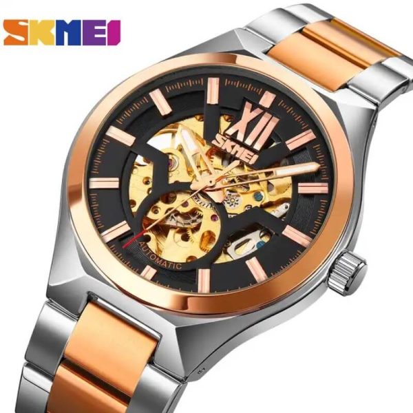 Skmei 9258 Fashion Mechanical Hollow Dial Luxury Stainless Steel Automatic Luminous Watch - Silver/RoseGold