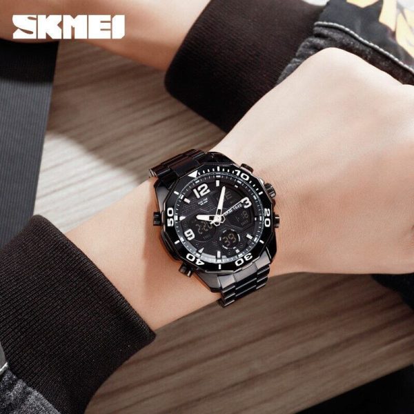 SKMEI 1649 Men's LED Light Digital Analog Day Date Function Stainless Steel Watch - Black - Image 2