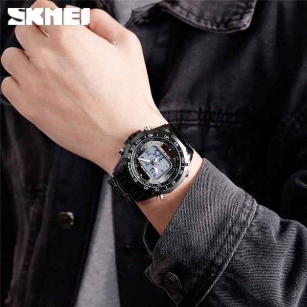 SKMEI 1493 Luxury Men Quartz Dual Time Display Waterproof Stainless Steel Watch - Black - Image 3