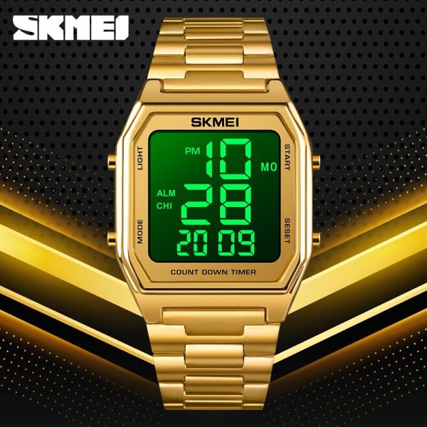 SKMEI 1735 LED Dual Time Digital Retro Fashion Stainless Steel Wrist Watch For Men - Golden/Black - Image 2