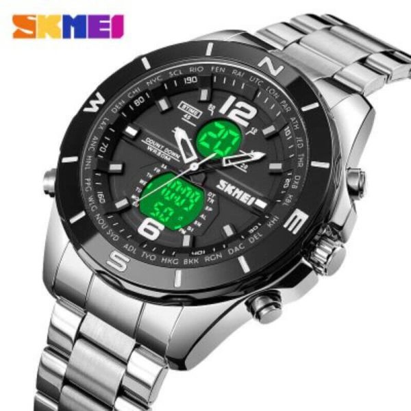 SKMEI 1670 Men's Double Movement Chronograph Waterproof Stainless Steel Multifunction Watch - Silver