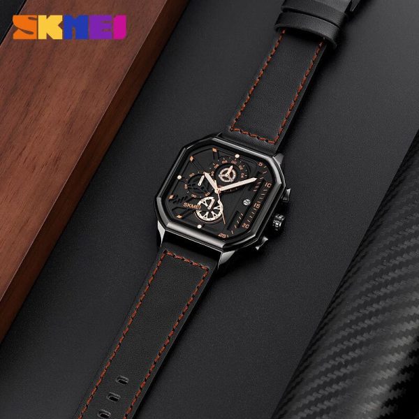 SKMEI 1963 Men's Fashion Multifunction Chronograph Square Dial Date Display Leather Strap Watch - Black - Image 4