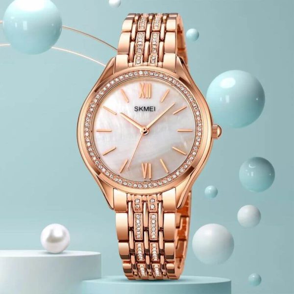 SKMEI 1970 Women's Elegant Fashion Innovative Crystal Diamond Surrounded Stainless Steel Quartz Watch - Rosegold - Image 4