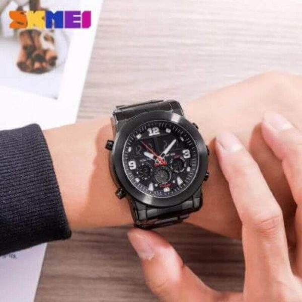 SKMEI 1642 Men's Casual Chronograph LED Digital Analog Stainless Steel Wrist Watch - Black - Image 2