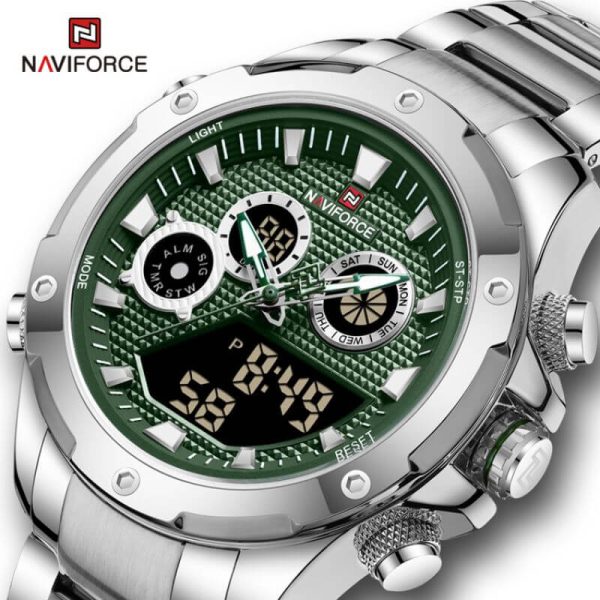 NaviForce NF9217 Men's Dynamic Dual Display Multifunction Stainless Steel Watch - Green/Silver