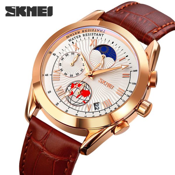 SKMEI 9236 Creative Moonphase Multifunction Date Display Leather Strap Watch For Men - Brown/RoseGold