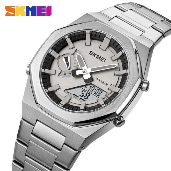 SKMEI 1816 Men's Electronic Dual Display Stainless Steel Multifunction Luminous Watch - Silver