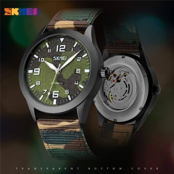 SKMEI 9246 Men's Automatic Mechanical Hollow Dial Luminous Nylon Strap Date Display Watch - Camouflage Green - Image 2