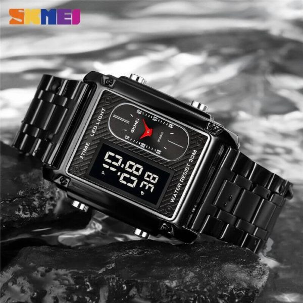 SKMEI 1868 Casual Rectangle Dial Digital Analog Luminous Stainless Steel Stopwatch For Men - Black - Image 4