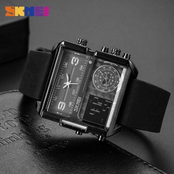 SKMEI 1584 Men's Multifunction Square Dial Digital Analog LED Chronograph Leather Strap Wristwatch - Black - Image 3