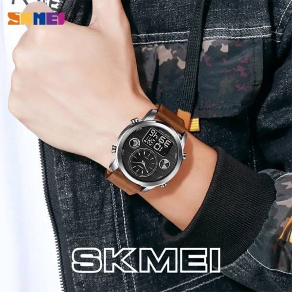 SKMEI 1653 Men's World Time Dual Display Movement LED Electronic Multifunction Leather Strap Watch - Brown/Silver - Image 3