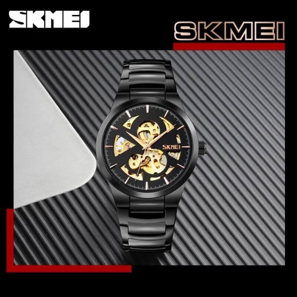 SKMEI 9243 Casual Men's Automatic Mechanical Fashion Hollow Dial Stainless Steel Strap Watch - Black - Image 3