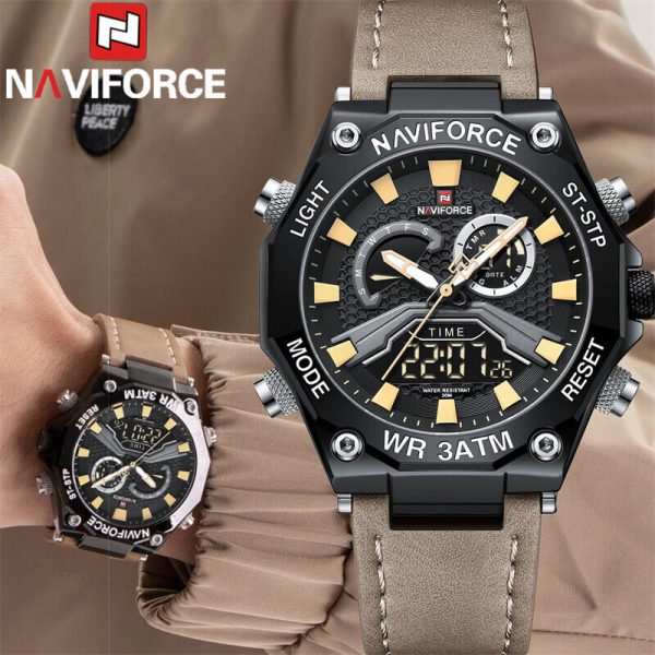 NAVIFORCE NF9220 Fashion Dual Display LED Light Chronograph Leather Strap Watch For Men -  Brown - Image 3