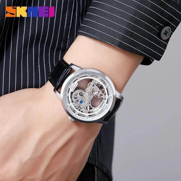 SKMEI M031 Fully Automatic Men's Hollowed Out Fashion Mechanical  Leather Strap Watch - Silver/Black - Image 2