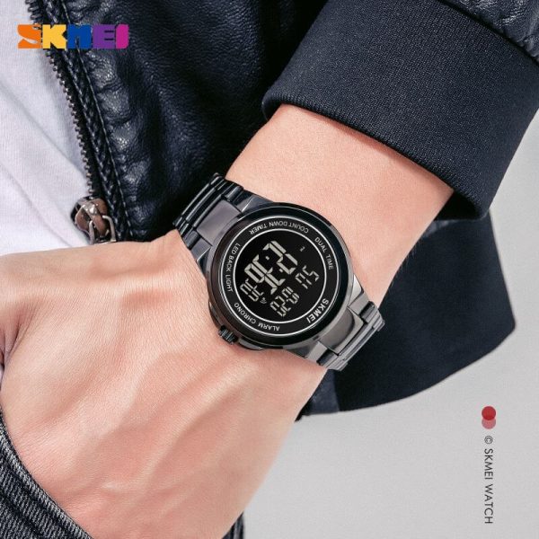 SKMEI 1712 Digital 2 Time Stainless Steel Fashion LED Waterproof Watch For Men - Black - Image 2