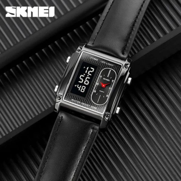 SKMEI 1868 Casual Rectangle Dial Digital Analog Luminuos Leather Strap Stopwatch For Men - Black - Image 4