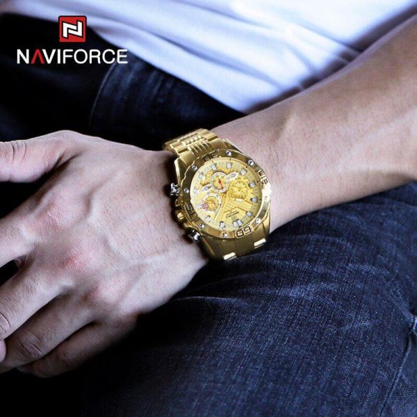 NAVIFORCE NF8019 Men's Stainless Steel Multifunction Luminous Chronograph Quartz Watch  - Golden - Image 2