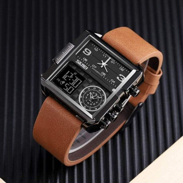 SKMEI 1584 Men's Multifunction Square Dial Digital Analog LED Chronograph Leather Strap Wristwatch - Brown - Image 3