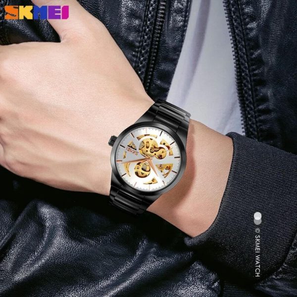 SKMEI 9243 Casual Men's Automatic Mechanical Fashion Hollow Dial Stainless Steel Strap Watch - Black/White - Image 4