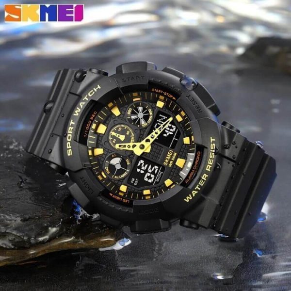 SKMEI 1832 Analog Digital Dual Display  Sport Chronograph LED Light Display Watch For Men - Black/Yellow - Image 3