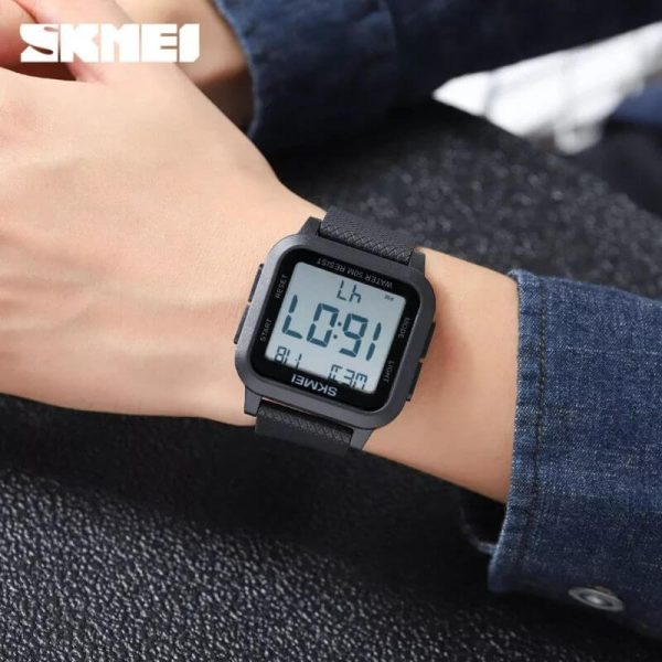 SKMEI 1894 Digital Movement Stopwatch Countdown LED  Display Square Shape Watch For Men - Black/White - Image 2